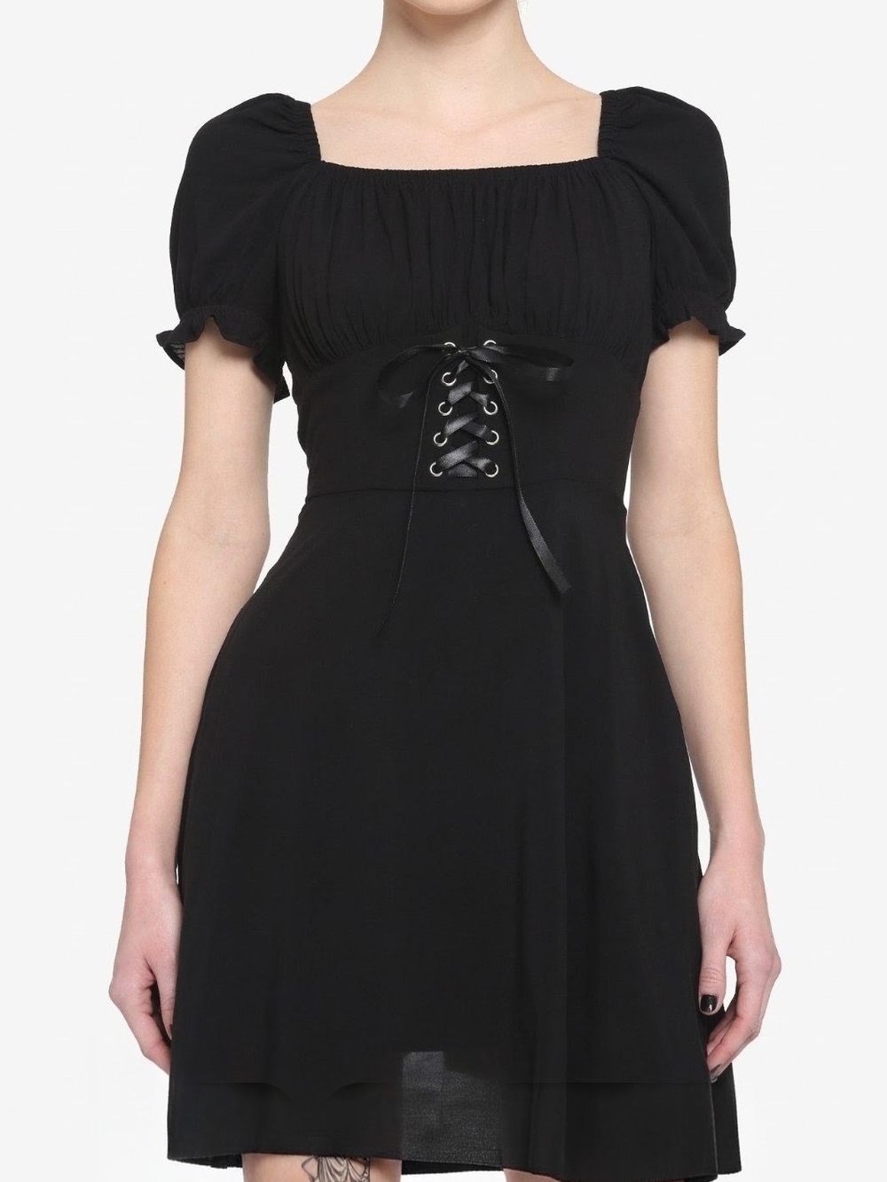 SHEIN Black Lace-Up Square Neck Puff Sleeve Mini Dress
